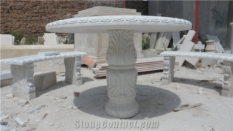 China White Marble Table & Bench