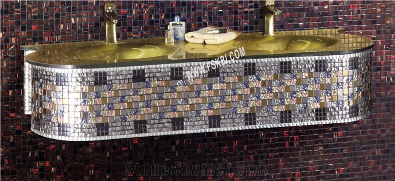 Glass Mosaic Wall Mounted double bowl sink Vanity Furniture