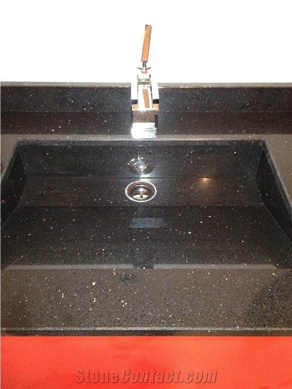 Star Black Quartz Stone Bathroom Top, Solid Sink