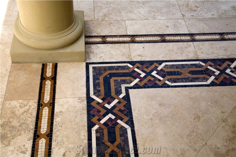 Antique Limestone Floor Tiles with Marble Inlay Lineer