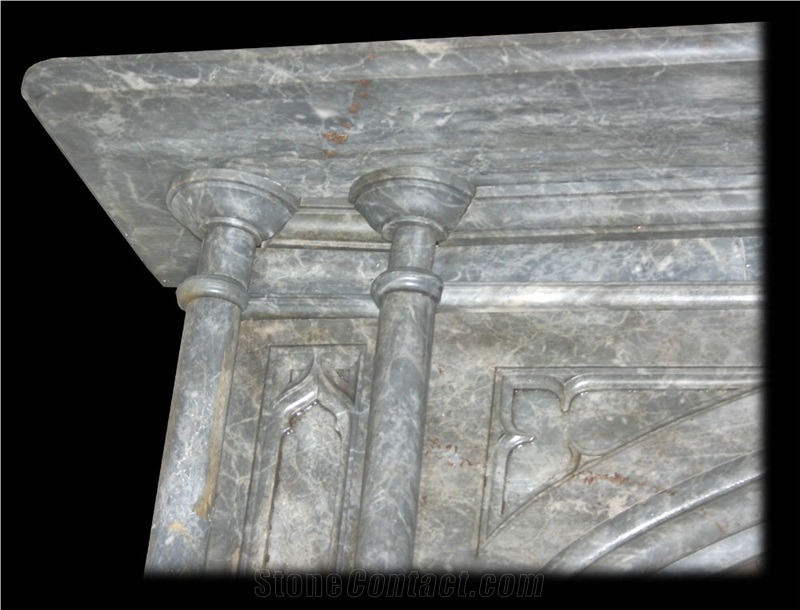 Reclaimed Victorian Gothic Irish Grey Marble Fireplace