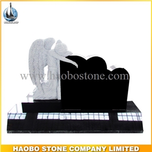 Angel Monument with Two Hearts, Black Granite Angel Monuments