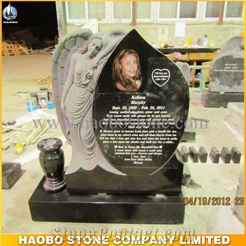 China Factory Carving Angel Statue Tombstone, Absolute Shanxi Black Granite Etching, Laser Engraving Pictures Monuments with Vases
