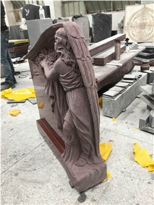 China Factory Direct Ruby Red, Inidan Red Granite Engraved Angel with Wings Tombstone Die and Base One Piece, Cemetery Monument Special Design