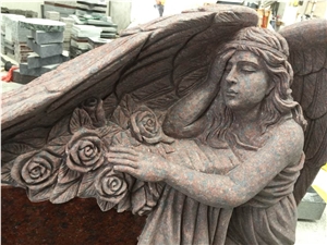China Factory Direct Ruby Red, Inidan Red Granite Engraved Angel with Wings Tombstone Die and Base One Piece, Cemetery Monument Special Design
