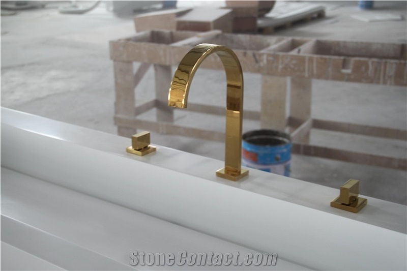 Long narrow artificial stone wash basin with faucet