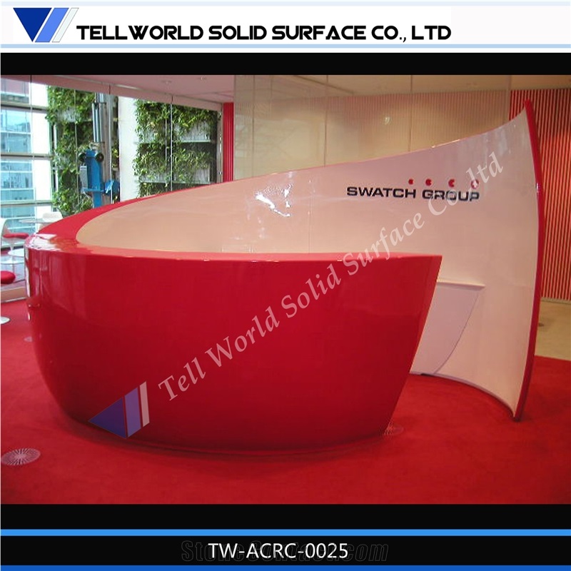 Red Curved Artificial Stone Reception Desk
