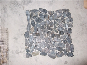 Pebble Stone Mosaic Tiles Cut Sliced,Sliced Slate Pebble Mosaic,Tumbled Black Sliced Pebble Mosaic Border