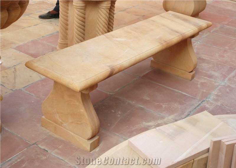 Teak Wood Sandstone Bench and Tables, Yellow Sandstone Tables