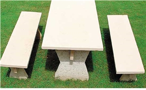 Teak Wood Sandstone Bench and Tables, Yellow Sandstone Tables