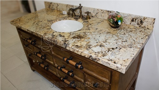 Brazil Persa Gold Nature Stone Granite Vanity Countertop with Ceramic Sink and Flat Edge Polish