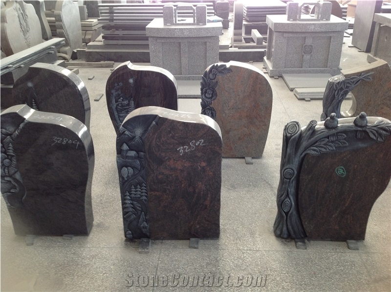 Green Granite Engraved Headstones Tree Carved Monuments Tombstone