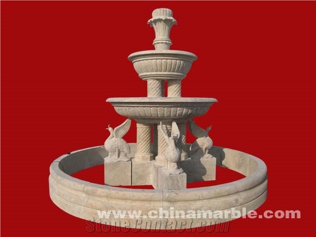 Hand Carved Stone Pool Fountain, Beige Travertine Fountain