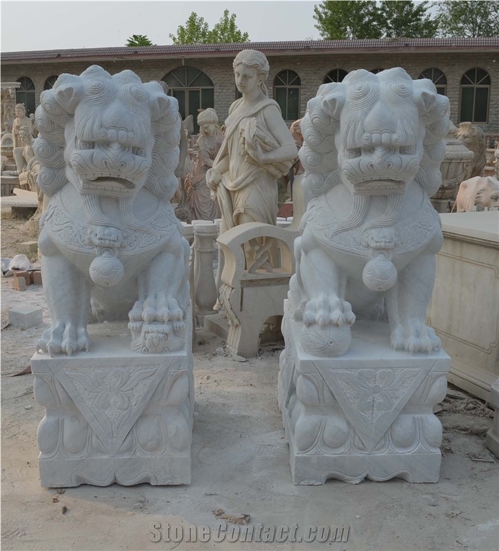 Hand Carved White Marble Chinese Lion White Marble Sculpture Statue