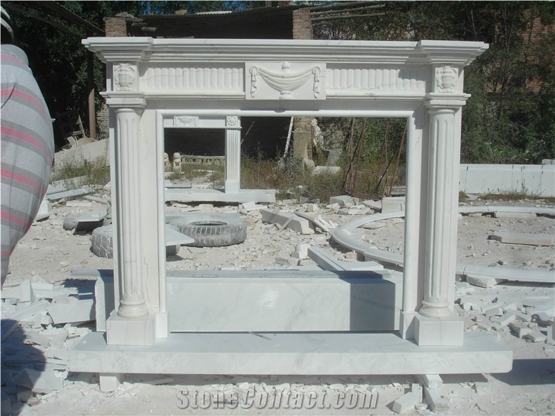White Marble Fireplace Surround with Column Design and Hand Carving