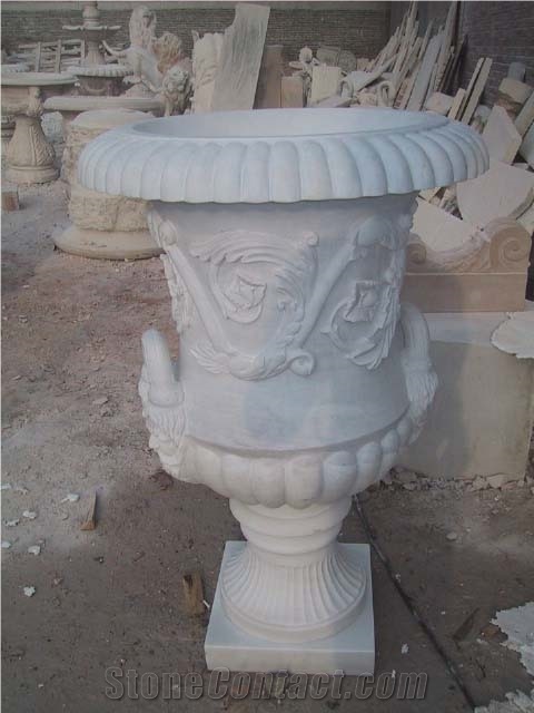 White Marble Hand Carved Flowerpot