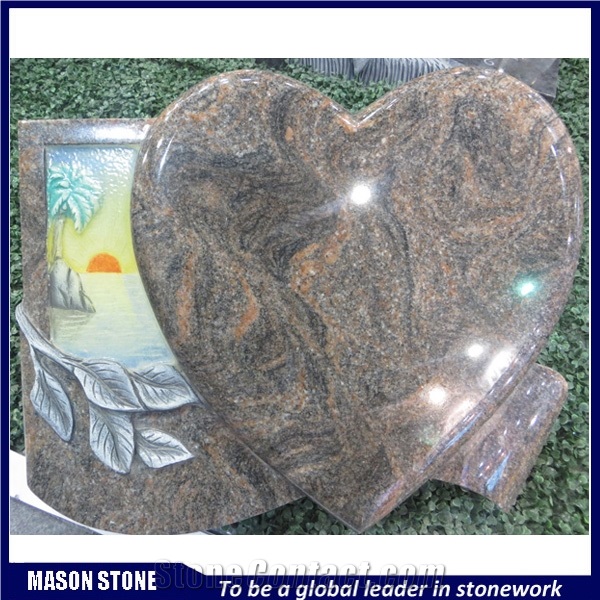 Engraved Heart Headstone, Himalayan Blue Granite Monument & Tombstone