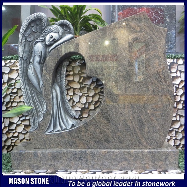 Himalaya Blue Engraved Headstone,Angel with Heart Tombstone & Monument