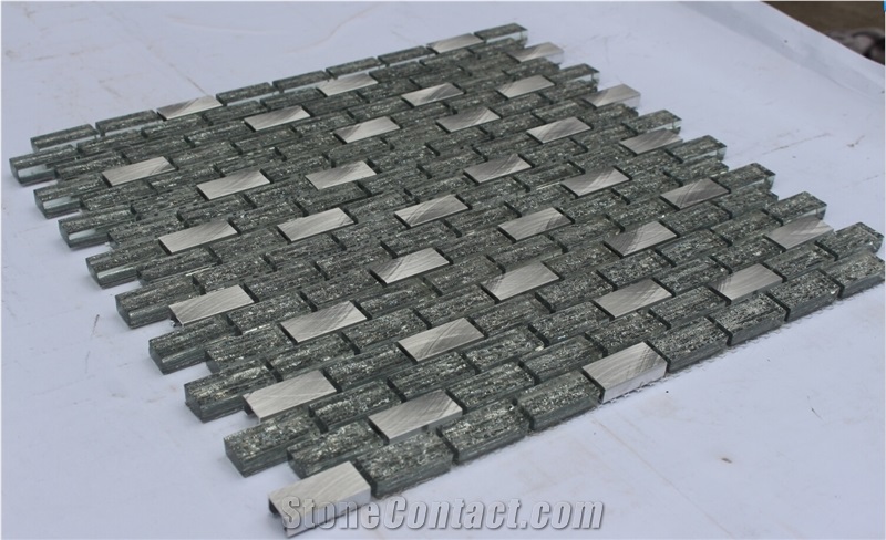 China Foshan Glass Mixed Aluminium Mosaic Manufacture Glass Mixed Aluminum Alloy 15x32x8mm White /Black Rectangle Nv3210 Silk Road Metal