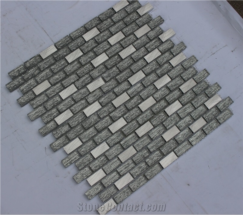 China Foshan Glass Mixed Aluminium Mosaic Manufacture Glass Mixed Aluminum Alloy 15x32x8mm White /Black Rectangle Nv3210 Silk Road Metal
