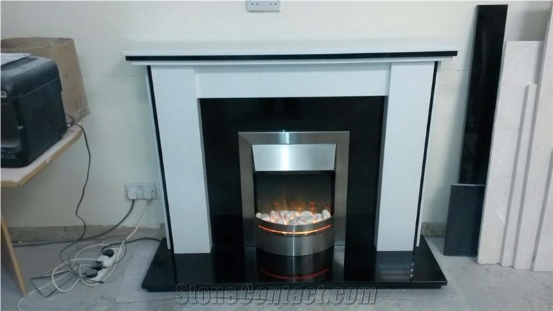 Custom Made Polar White Marble and Black Granite Fireplace