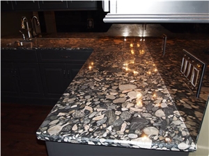 3cm Thick Polished Black Marinace Granite Bedrock Counters with 1/4" Beveled Edge Profile