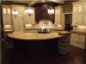Rustic Kitchen Top Honed and Filled 2" Thick Travertine Island with Distressed Edges