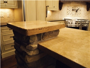 Rustic Kitchen Top Honed and Filled 2" Thick Travertine Island with Distressed Edges