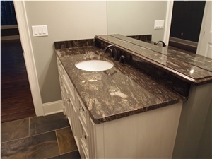 Traditional Master Bath Dual Vanity Top with Polished Midnight Sun Schist Material