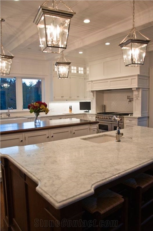 White Carrara Honed Kitchen Countertops with Ogee Edge Profile
