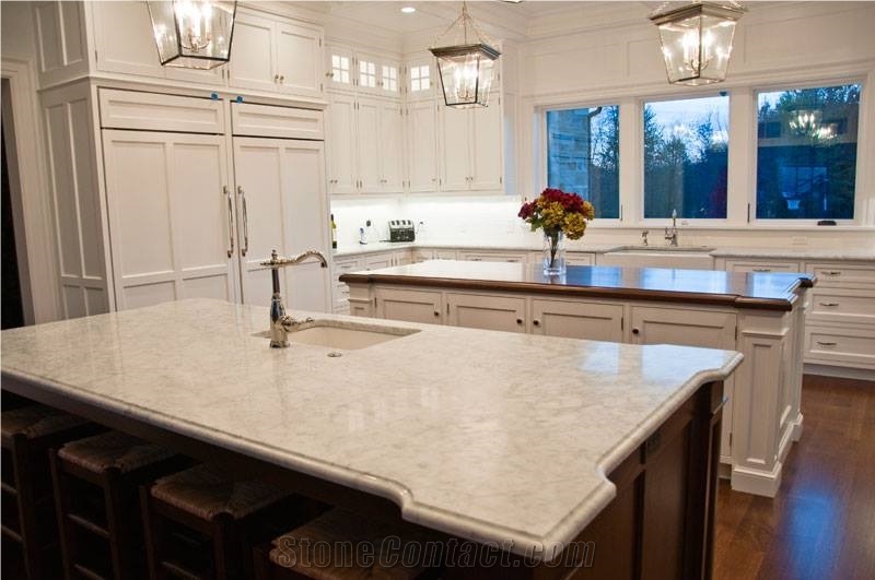 White Carrara Honed Kitchen Countertops With Ogee Edge Profile