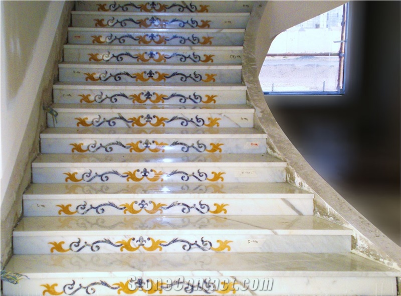 Bianco Carrara Marble and Blue Sodalit Inlay Staircase