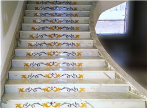 Bianco Carrara Marble and Blue Sodalit Inlay Staircase