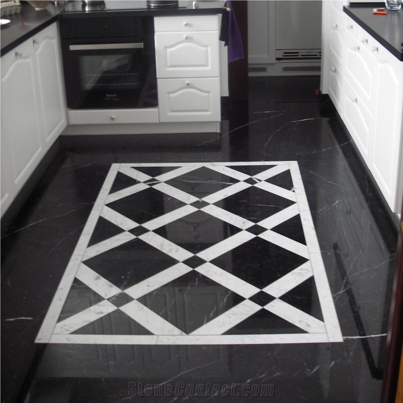 Black Marble Nero Maraquina and Bianco Carrara White Marble Pattern Slabs & Tiles, Nero Marquina Black Marble Tiles