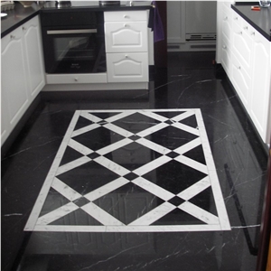 Black Marble Nero Maraquina and Bianco Carrara White Marble Pattern Slabs & Tiles, Nero Marquina Black Marble Tiles
