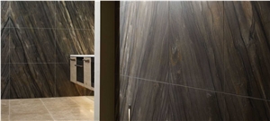 Sequoia Brown Quartzite Bookmatch Wall and Corus Limestone Flooring Bath