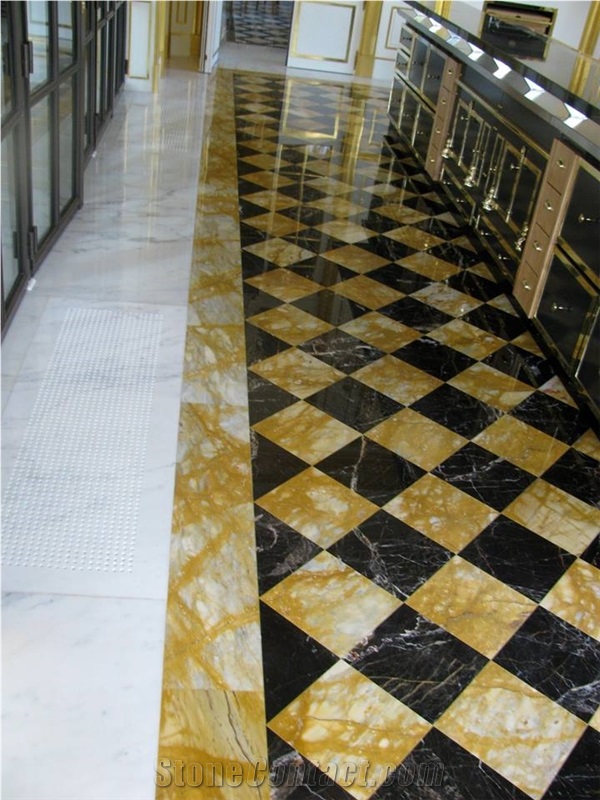 Giallo Siena Marble and Nero St Laurent Marble Inlay Floor Pattern