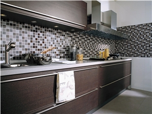 Glass Mosaic Backsplash, Quartz Stone Countertop Kitchen Design