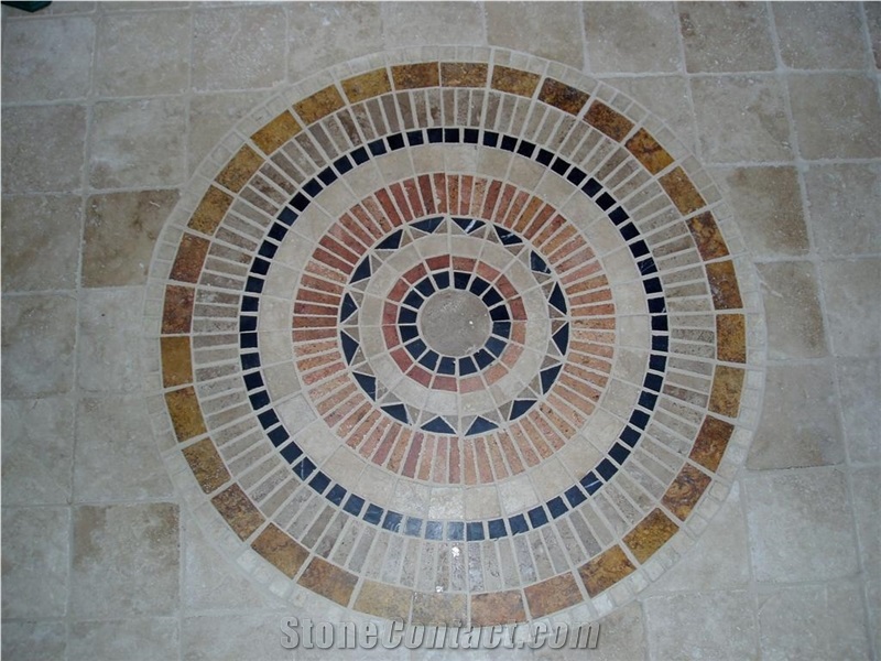 Tumbled Travertine Mosaic Floor Rosettes, Classic Beige Travertine Rosettes
