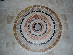 Tumbled Travertine Mosaic Floor Rosettes, Classic Beige Travertine Rosettes