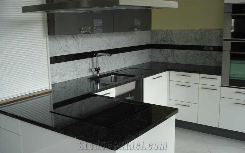 Black Galaxy Granite Countertop and Carrara White Marble Baclsplash