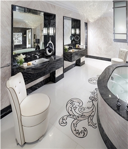 Rosa Egeo Marble and Silver Wave Marble Hotel Suit Bathroom Design