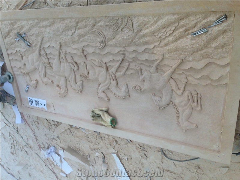 Sandstone Wall Relief,Beige Sandstone Etching, Yunan White Sandstone Wall Reliefs