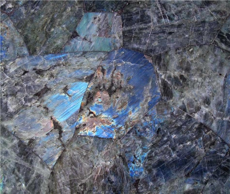 Semi-Precious Electric Blue and Peacock Blue Labradorite Slabs, Tiles, Basins, and Decor