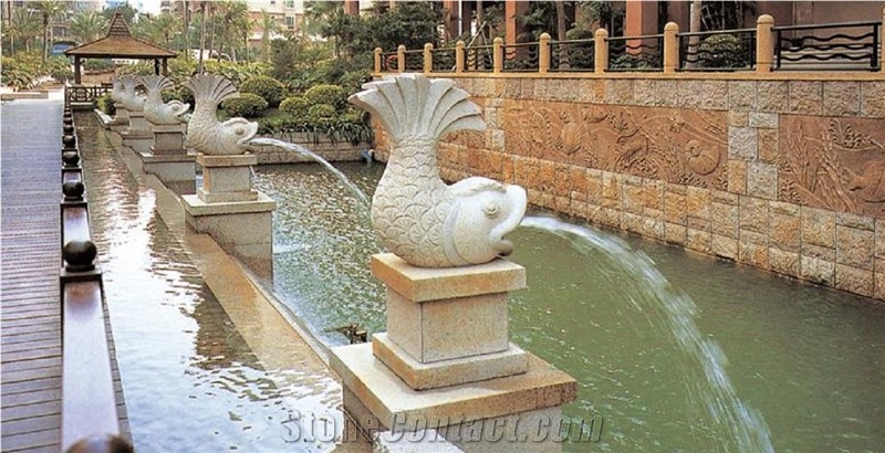 Multicolor Fish Sculpture, Granite Sculpture Fountain, Water Features, Garden Fountain, Exterior Fountains