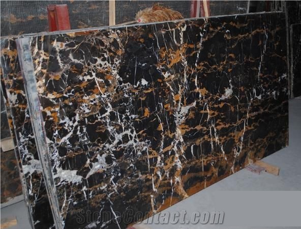 Black Portoro Marble Polished Slab, Imported Black Marble