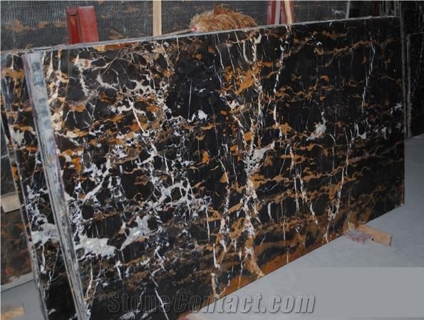 Nero Portoro Gold Marble Polished Slab, Imported Black Marble