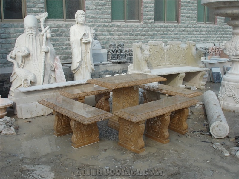Brown Marble Hand Carved Marble Table & Bench