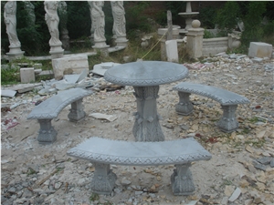 Brown Marble Hand Carved Marble Table & Bench