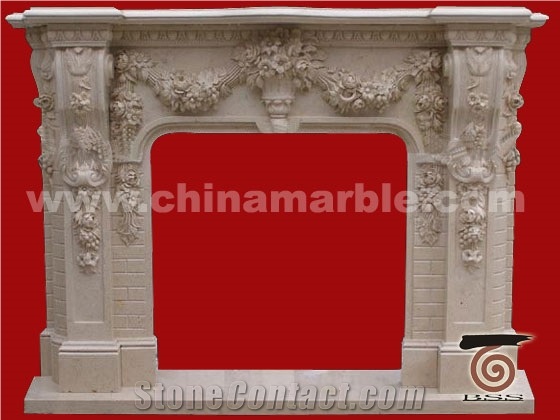 Flower Hand Carved Beige Marble Fireplace Surround Mantel